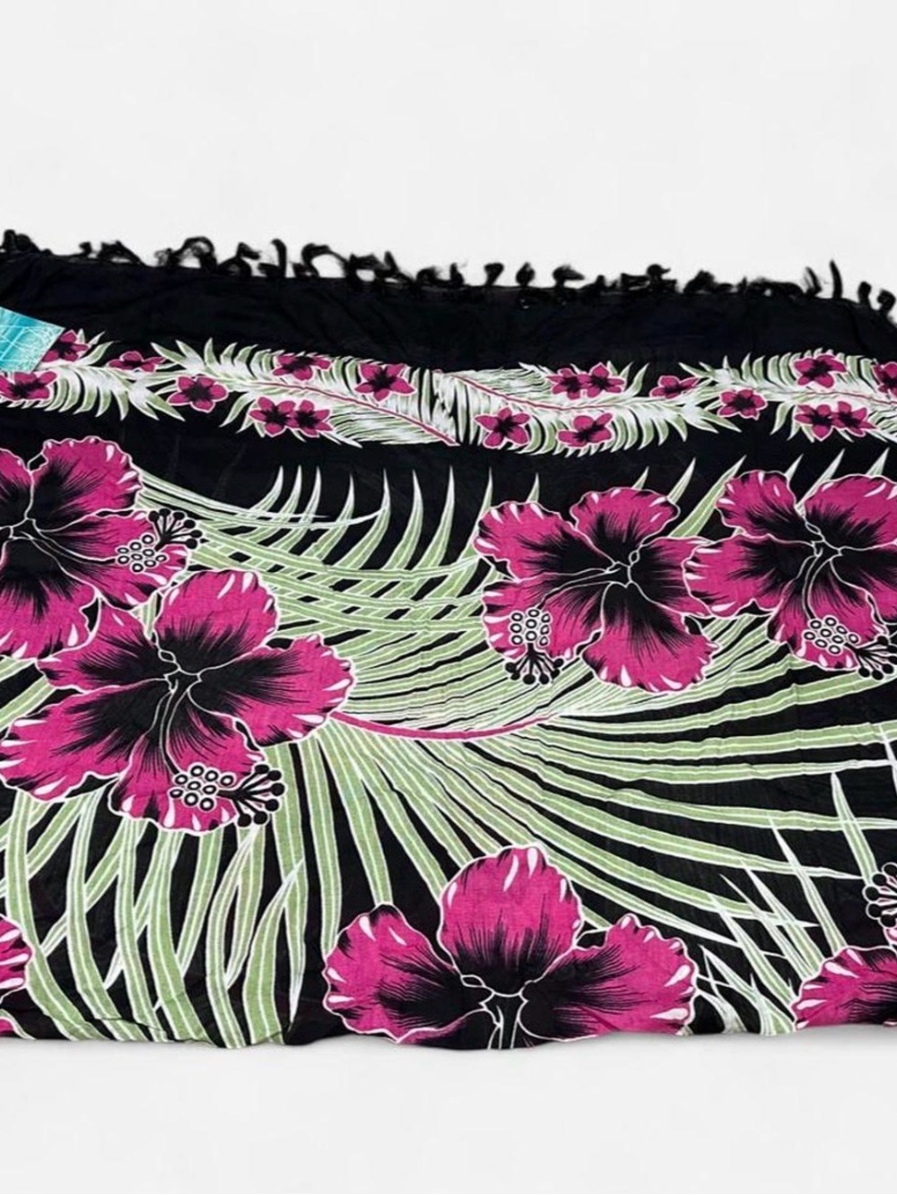 Travidalife Black Sarong with Fuchsia Hibiscus & Lime Leaves